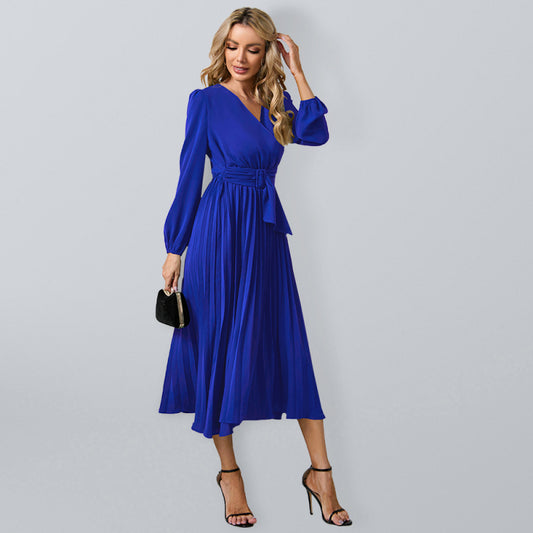 Elegant Long Sleeve Pleated V-Neck A-Line Dress with Removable Belt – Slim Fit