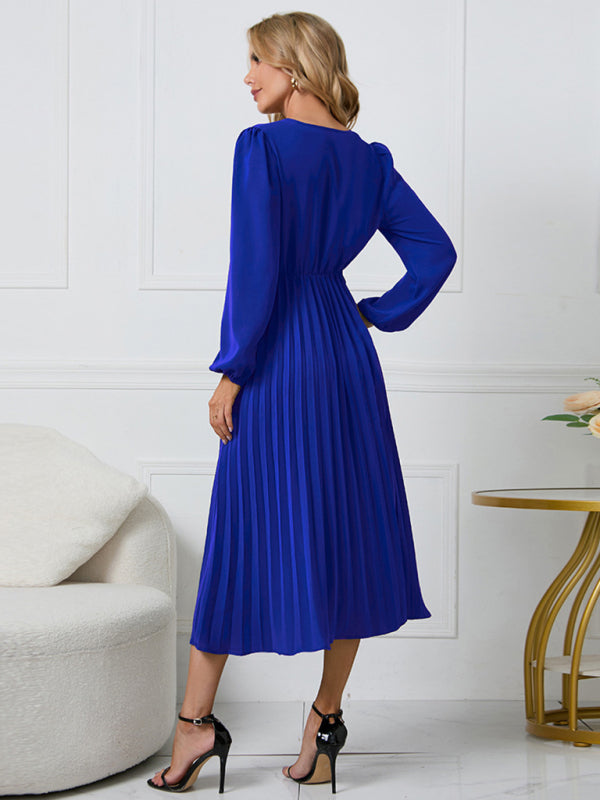 Elegant Long Sleeve Pleated V-Neck A-Line Dress with Removable Belt – Slim Fit