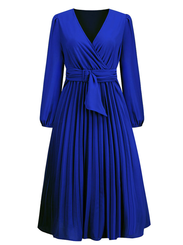 Elegant Long Sleeve Pleated V-Neck A-Line Dress with Removable Belt – Slim Fit