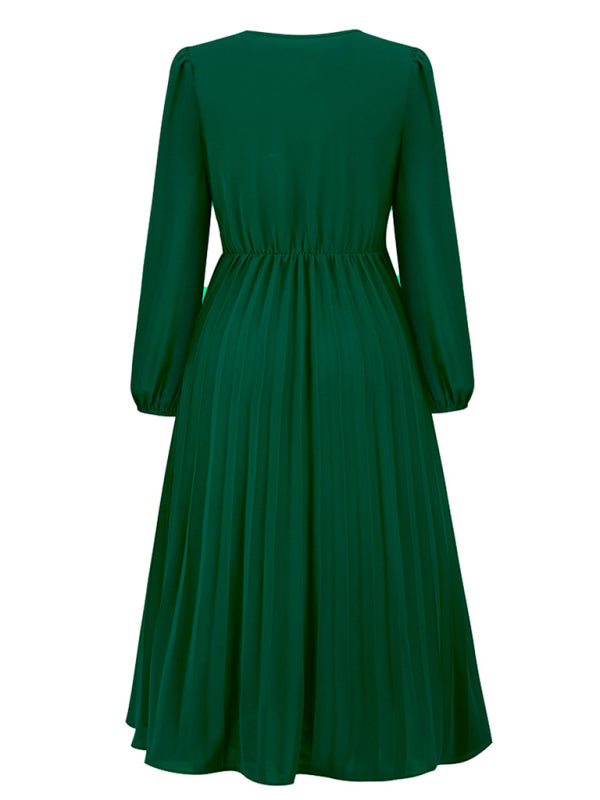 Elegant Long Sleeve Pleated V-Neck A-Line Dress with Removable Belt – Slim Fit