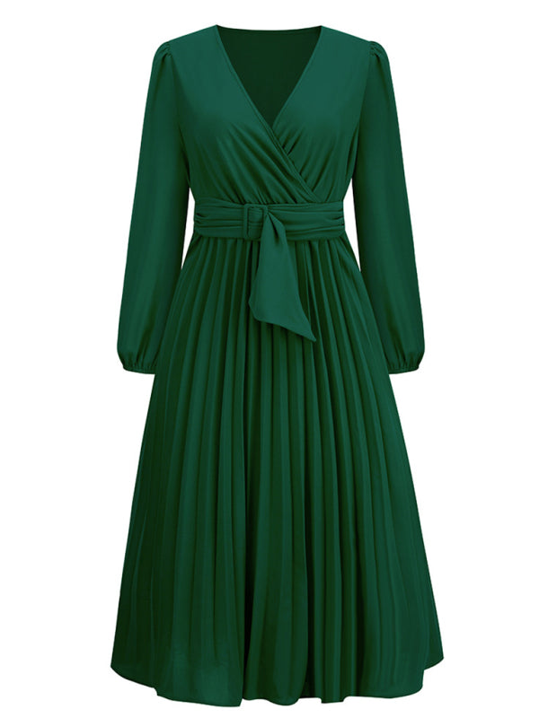 Elegant Long Sleeve Pleated V-Neck A-Line Dress with Removable Belt – Slim Fit