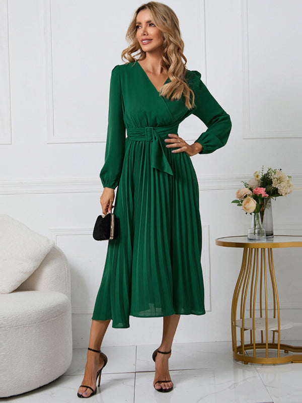 Elegant Long Sleeve Pleated V-Neck A-Line Dress with Removable Belt – Slim Fit