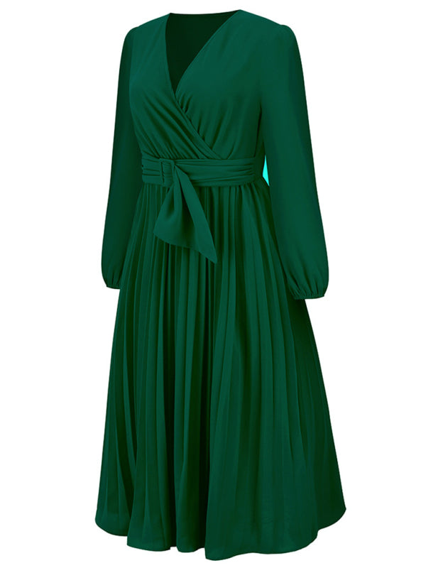 Elegant Long Sleeve Pleated V-Neck A-Line Dress with Removable Belt – Slim Fit