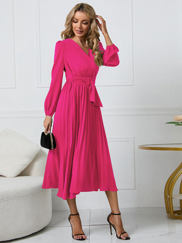 Elegant Long Sleeve Pleated V-Neck A-Line Dress with Removable Belt – Slim Fit