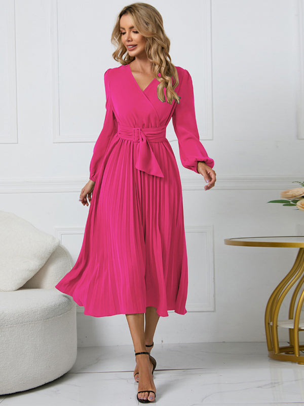 Elegant Long Sleeve Pleated V-Neck A-Line Dress with Removable Belt – Slim Fit