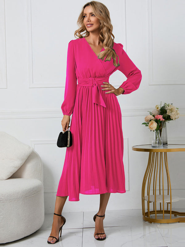 Elegant Long Sleeve Pleated V-Neck A-Line Dress with Removable Belt – Slim Fit