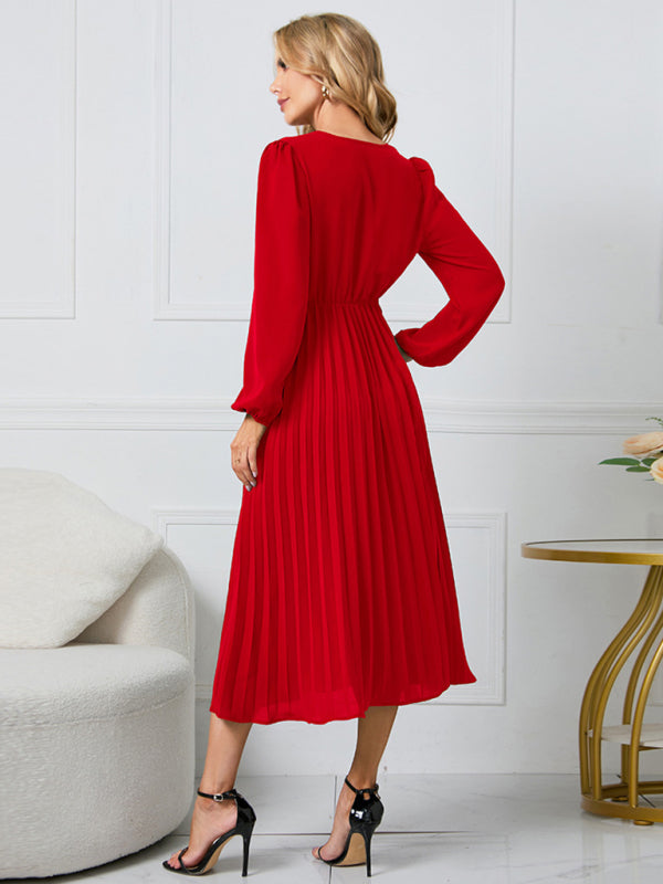 Elegant Long Sleeve Pleated V-Neck A-Line Dress with Removable Belt – Slim Fit