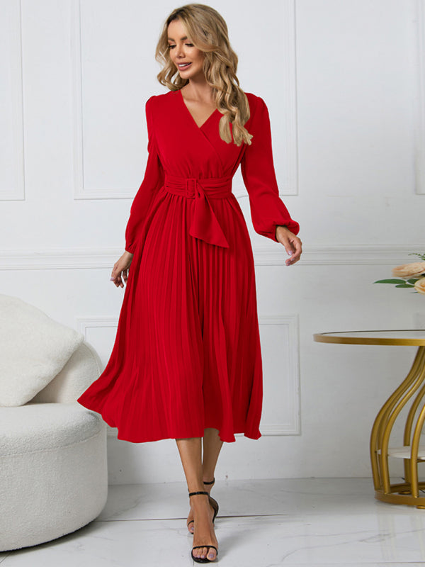 Elegant Long Sleeve Pleated V-Neck A-Line Dress with Removable Belt – Slim Fit