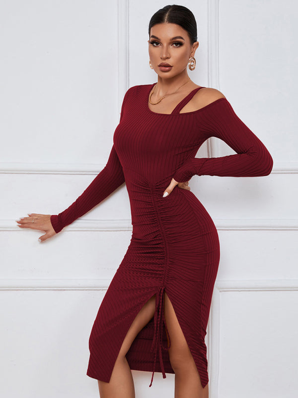 Off-Shoulder Long Sleeve Knit Bodycon Dress – Autumn Sexy Look