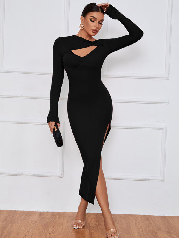 Slim Fit Long Sleeve Knit Dress with Side Slit – Autumn Sexy Bodycon
