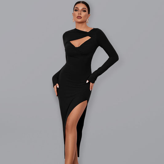 Slim Fit Long Sleeve Knit Dress with Side Slit – Autumn Sexy Bodycon
