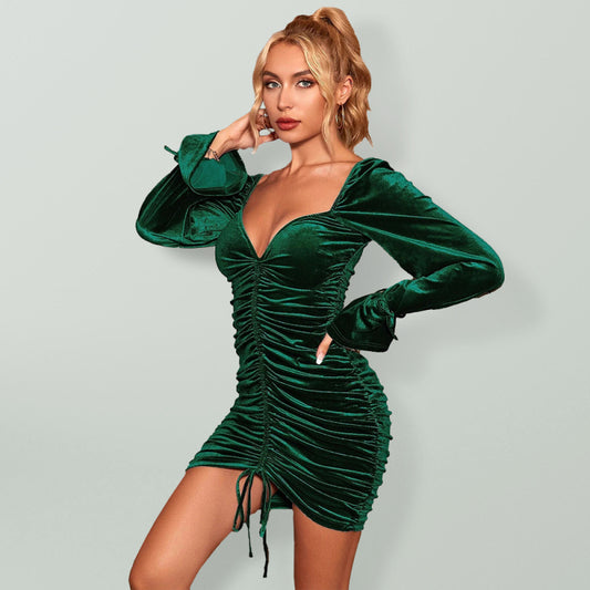 Velvet Long-Sleeve Waist-Hugging Dinner Dress – Elegant Autumn Style