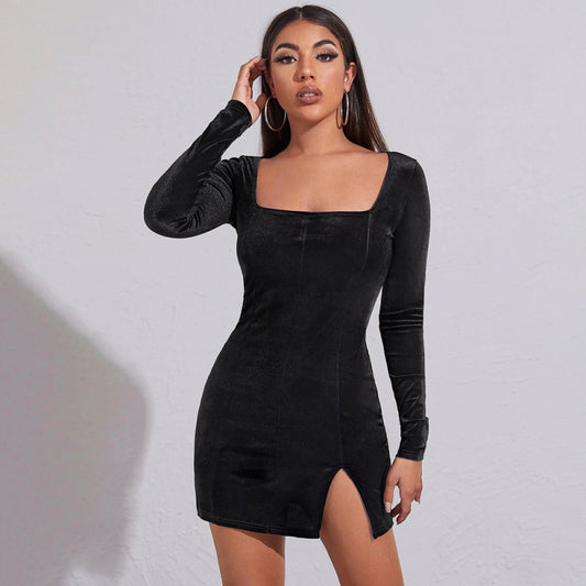 Velvet Square Neck Midi Dress – Long Sleeve French-Inspired Bodycon in Black