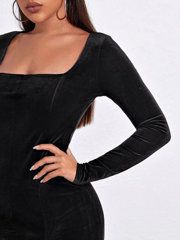 Velvet Square Neck Midi Dress – Long Sleeve French-Inspired Bodycon in Black