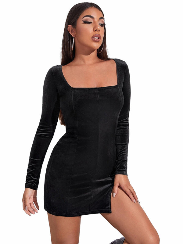 Velvet Square Neck Midi Dress – Long Sleeve French-Inspired Bodycon in Black