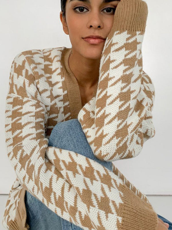 Casaco Cardigã de Malha com Decote em V Padrão Pied-de-Poule