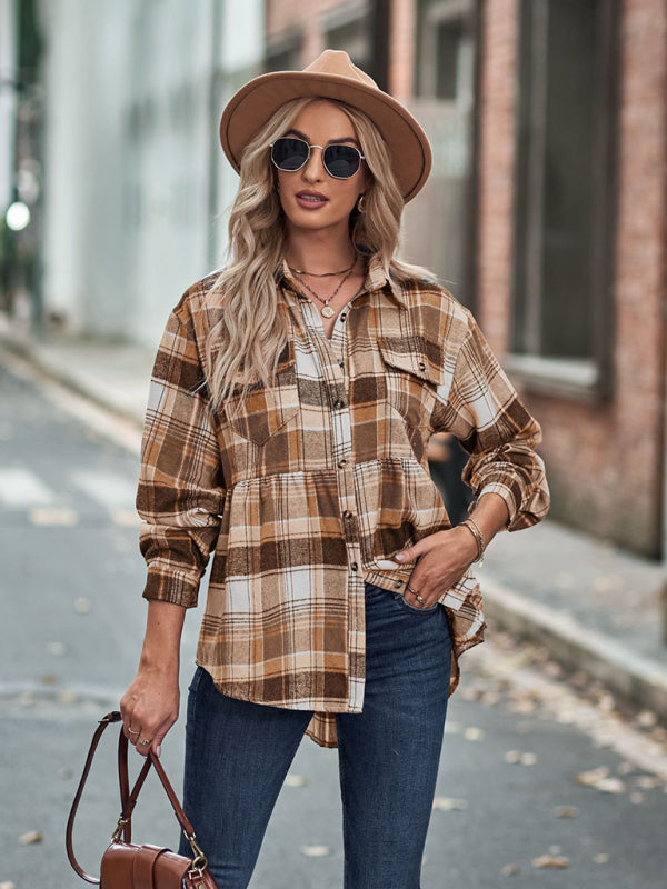 Autumn and Winter New Lapel Long Sleeve Pocket Casual European and American Plaid Shirt