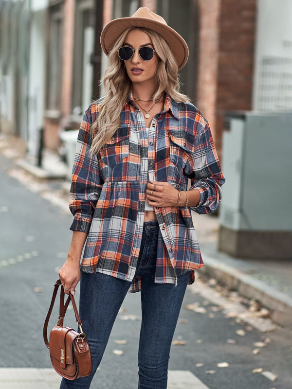 Autumn and Winter New Lapel Long Sleeve Pocket Casual European and American Plaid Shirt