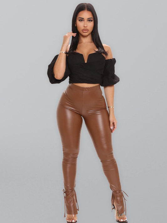 PU Leather Flared Slit Pants with High Waist Band