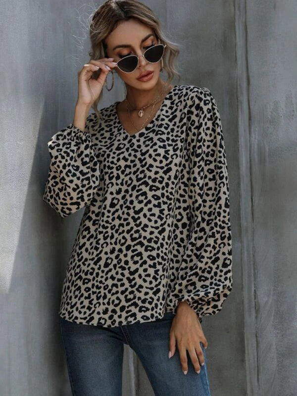Leopard Print Puff Sleeve V-Neck Blouse