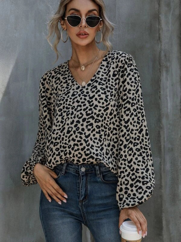 Leopard Print Puff Sleeve V-Neck Blouse