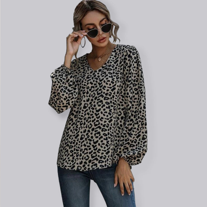 Leopard Print Puff Sleeve V-Neck Blouse