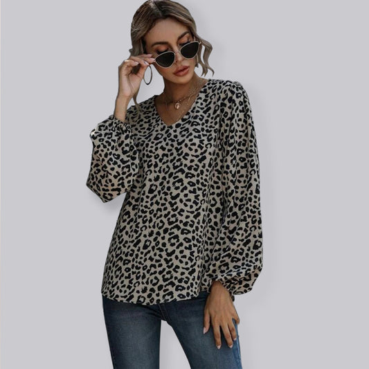Leopard Print Puff Sleeve V-Neck Blouse