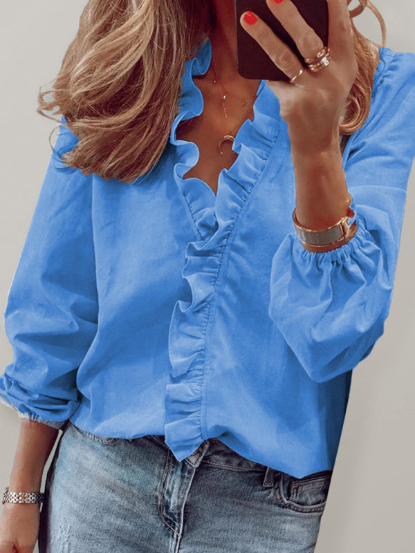 Ruffled V-Neck Long Sleeve Blouse for Women