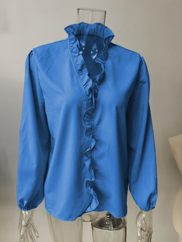 Ruffled V-Neck Long Sleeve Blouse for Women
