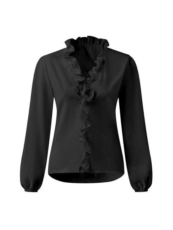 Ruffled V-Neck Long Sleeve Blouse for Women