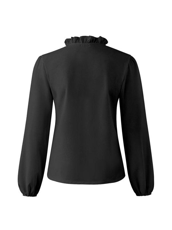 Ruffled V-Neck Long Sleeve Blouse for Women