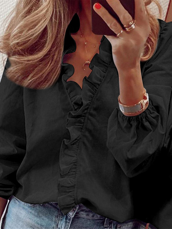Ruffled V-Neck Long Sleeve Blouse for Women