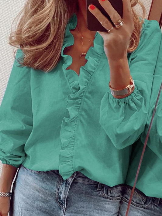Ruffled V-Neck Long Sleeve Blouse for Women