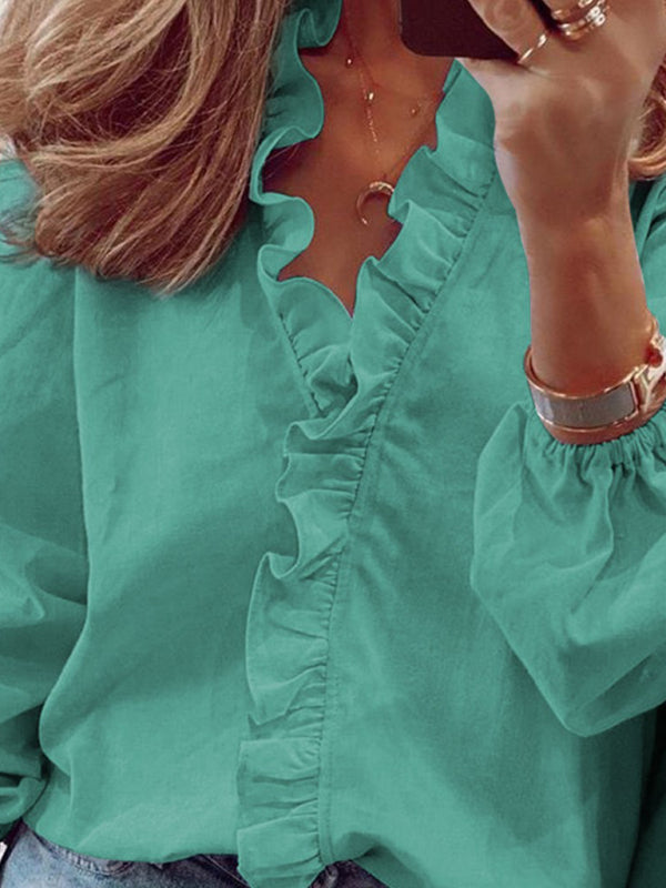 Ruffled V-Neck Long Sleeve Blouse for Women