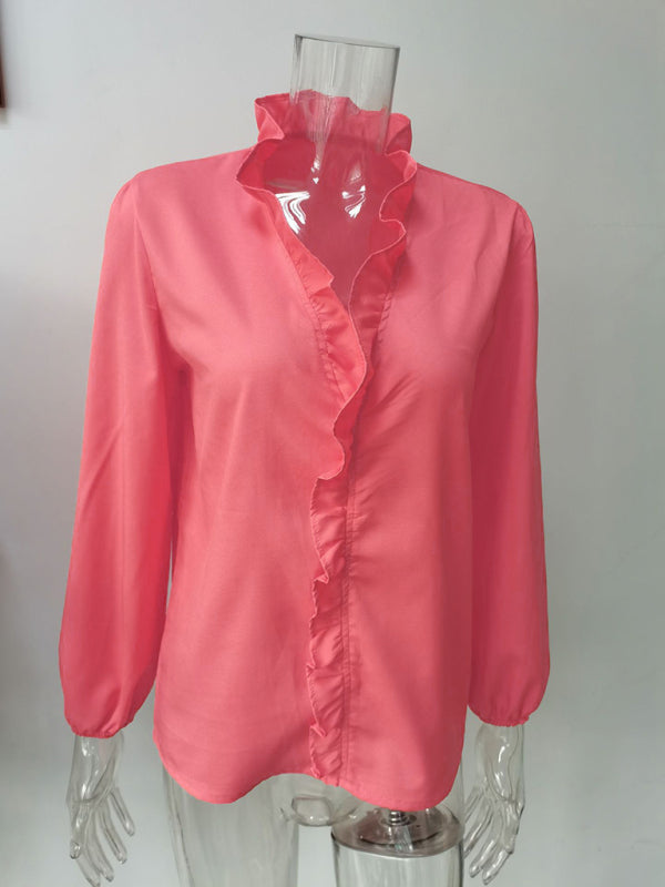 Ruffled V-Neck Long Sleeve Blouse for Women