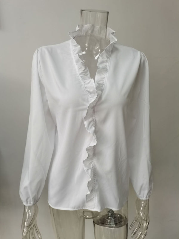 Ruffled V-Neck Long Sleeve Blouse for Women