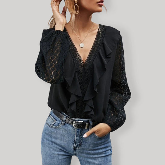 V-Neck Ruffled Lace Long Sleeve Dress