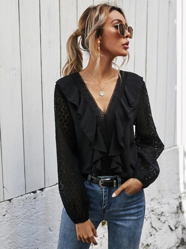 V-Neck Ruffled Lace Long Sleeve Dress