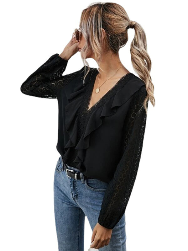 V-Neck Ruffled Lace Long Sleeve Dress