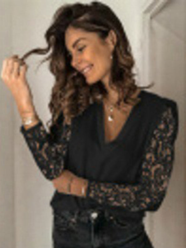 Lace Panel Slim Fit Long Sleeve Blouse
