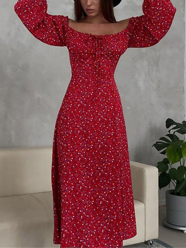 French Floral Backless Midi Dress – Puffed Sleeves, Slim Straps & Slit
