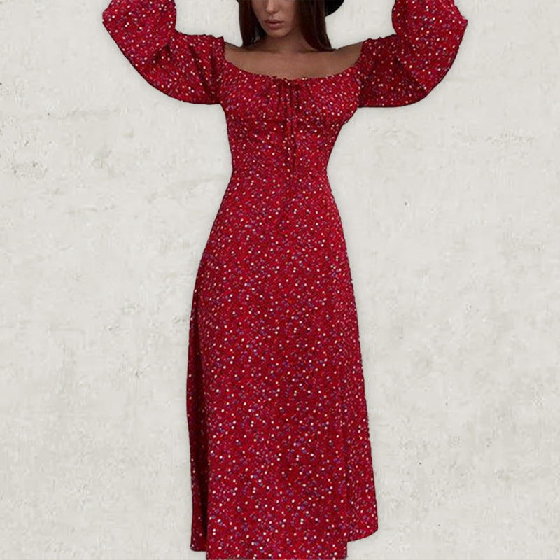 French Floral Backless Midi Dress – Puffed Sleeves, Slim Straps & Slit