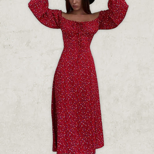French Floral Backless Midi Dress – Puffed Sleeves, Slim Straps & Slit
