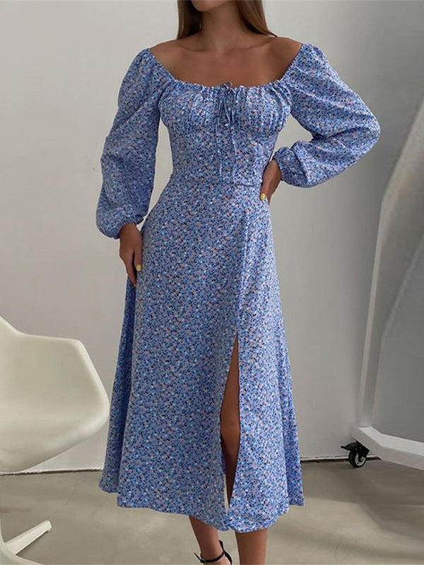 French Floral Backless Midi Dress – Puffed Sleeves, Slim Straps & Slit