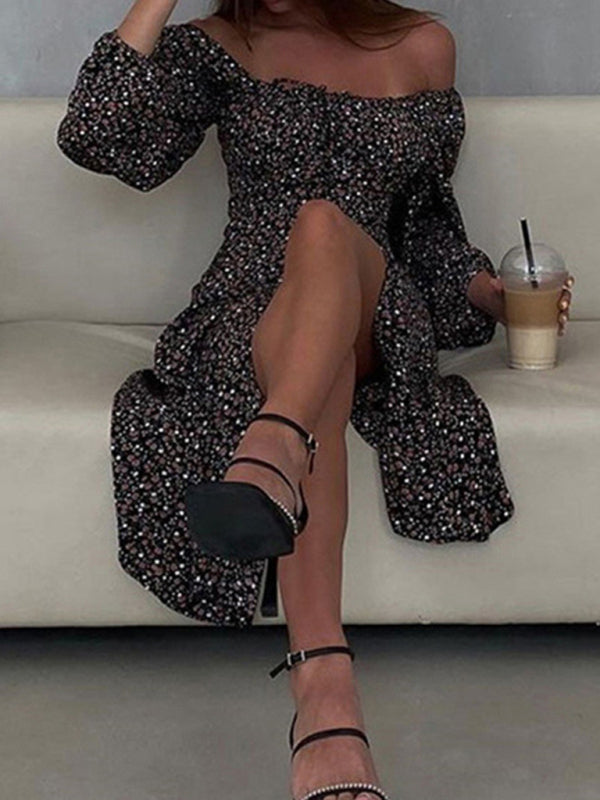 French Floral Backless Midi Dress – Puffed Sleeves, Slim Straps & Slit