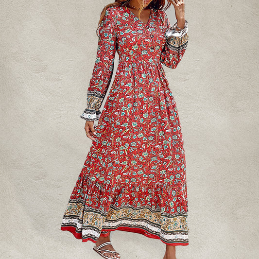 Bohemian V-Neck Long Sleeve Swing Maxi Dress – Elastic Waist, Autumn Style