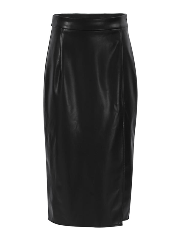 High Waist Faux Leather Slit Skirt