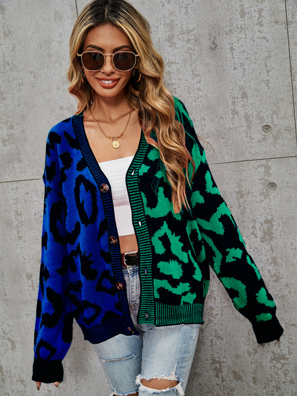 Leopard Print Oversized Knit Cardigan Green black jasper