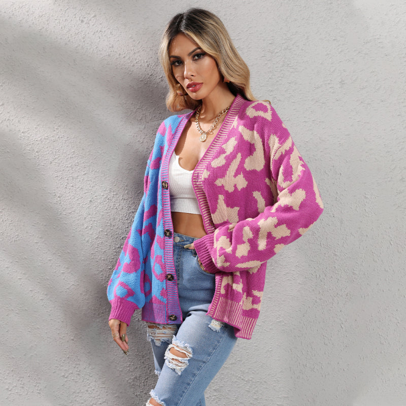 Leopard Print Oversized Knit Cardigan Purple