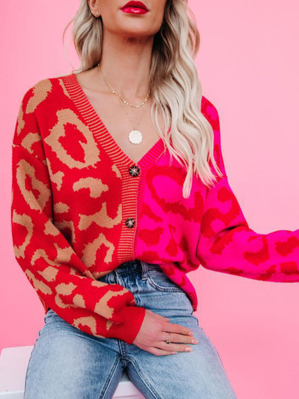 Leopard Print Oversized Knit Cardigan Red
